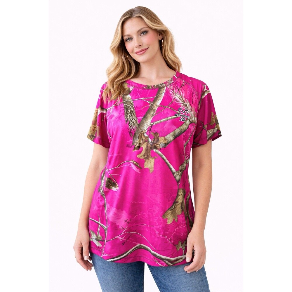 Realtree AP Pink Camo Shirt Womens L 12-14‎ Dri More Short Sleeve Top